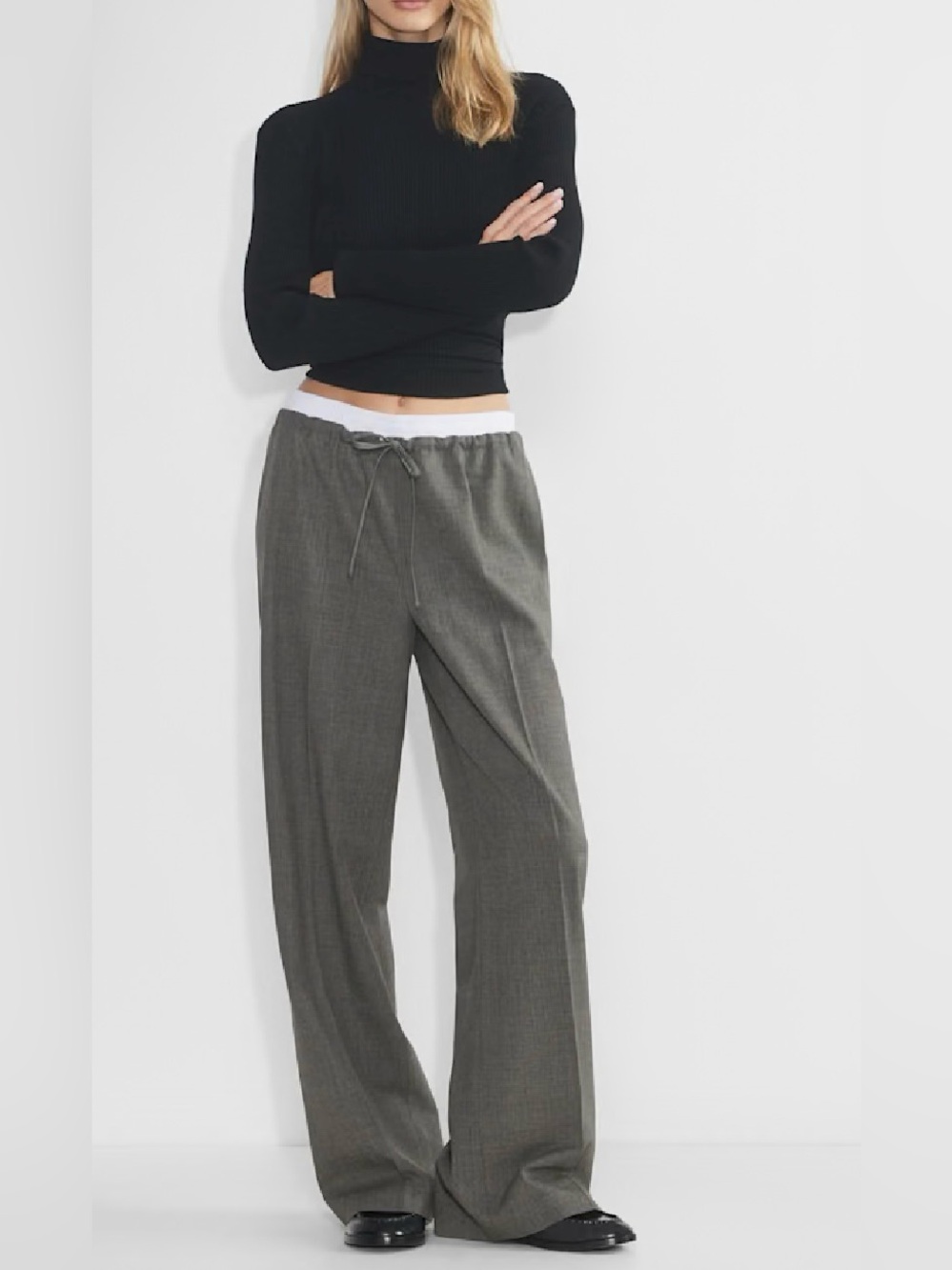 Babaton Charcoal Gray with White Elastic Waistband Wide-Leg Pants - Size XS